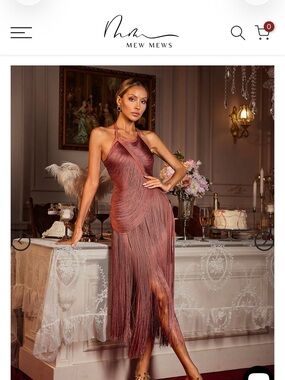 Mew Mews Edaline Halterneck Fringe Midi Dress Rust Red NWT